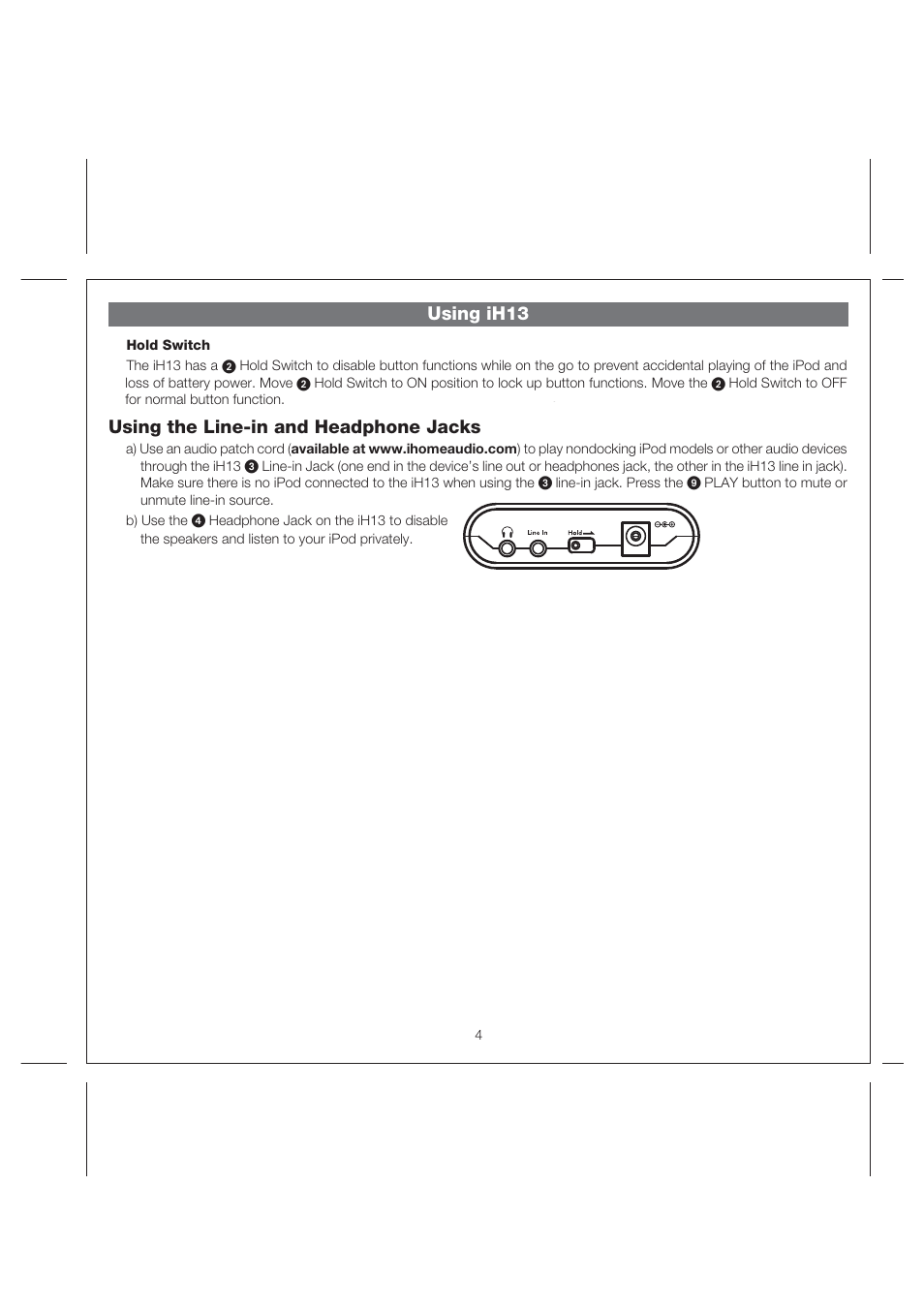 Using ih13, Using the line-in and headphone jacks | iHome iH13 User Manual | Page 6 / 10