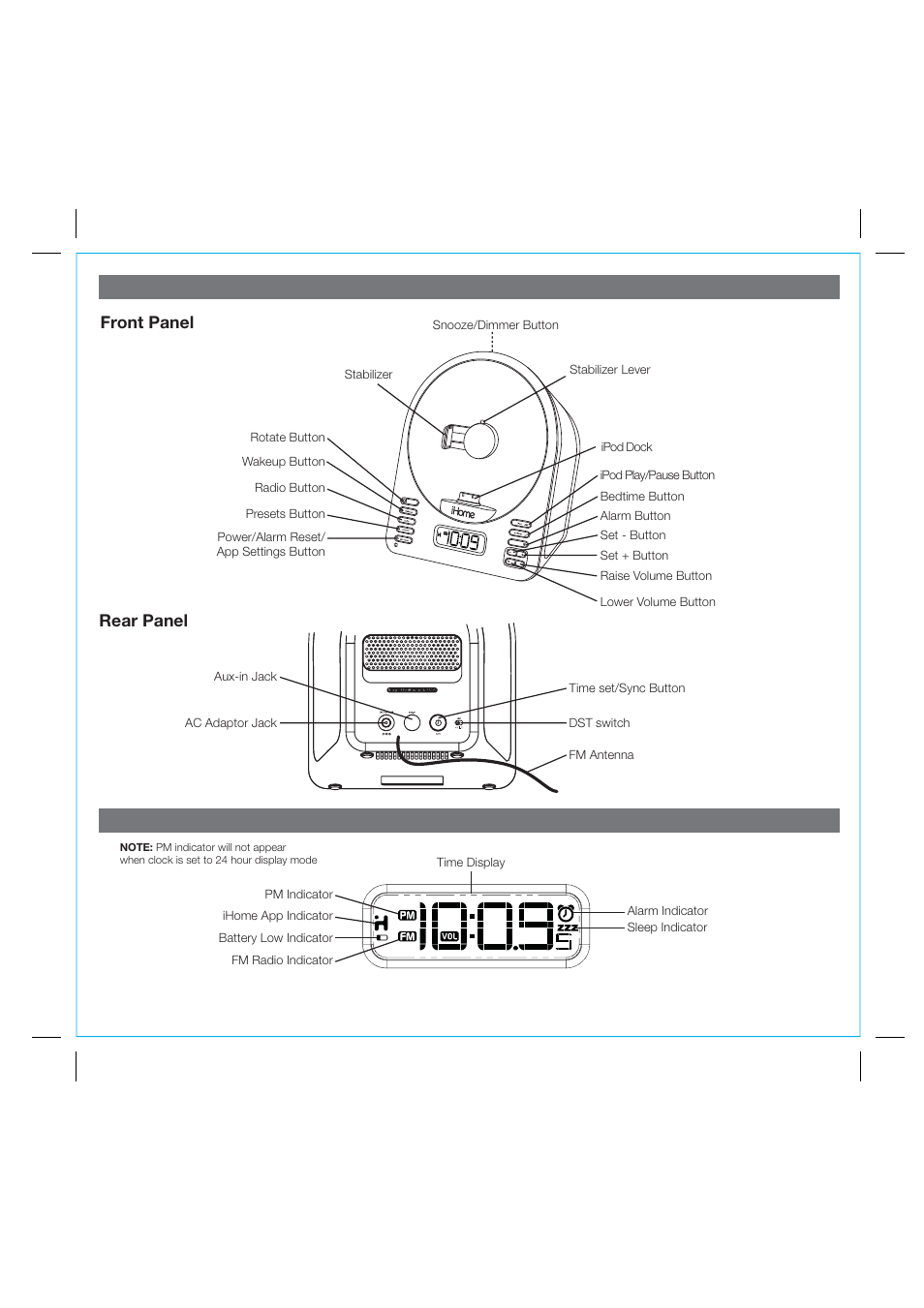 Controls and indicators ia63 display, Rear panel front panel | iHome IA63 User Manual | Page 3 / 14