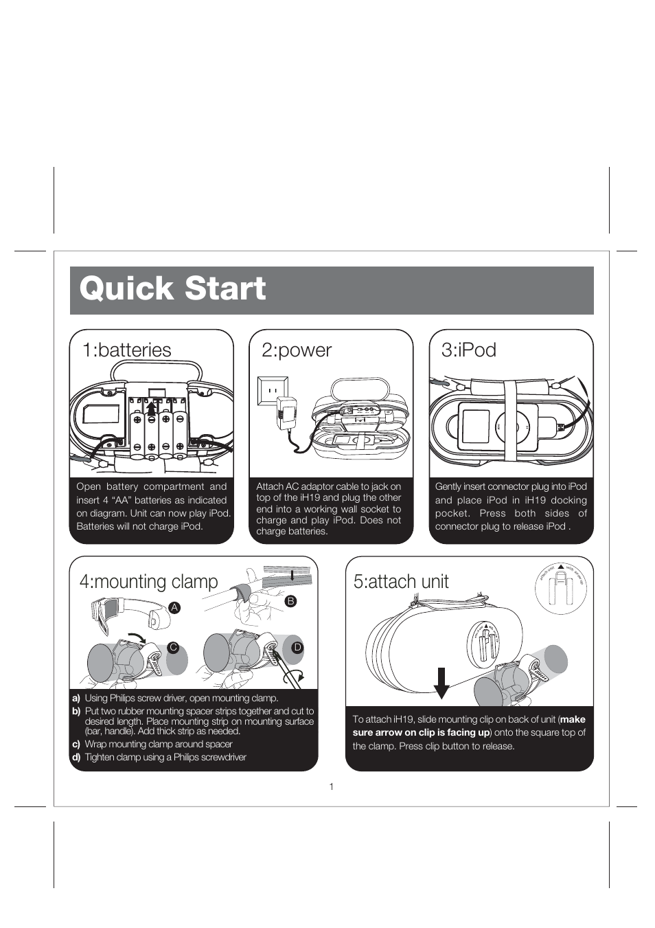 Quick start, Power, Batteries 3:ipod 4:mounting clamp 5:attach unit | iHome iH19 User Manual | Page 3 / 10