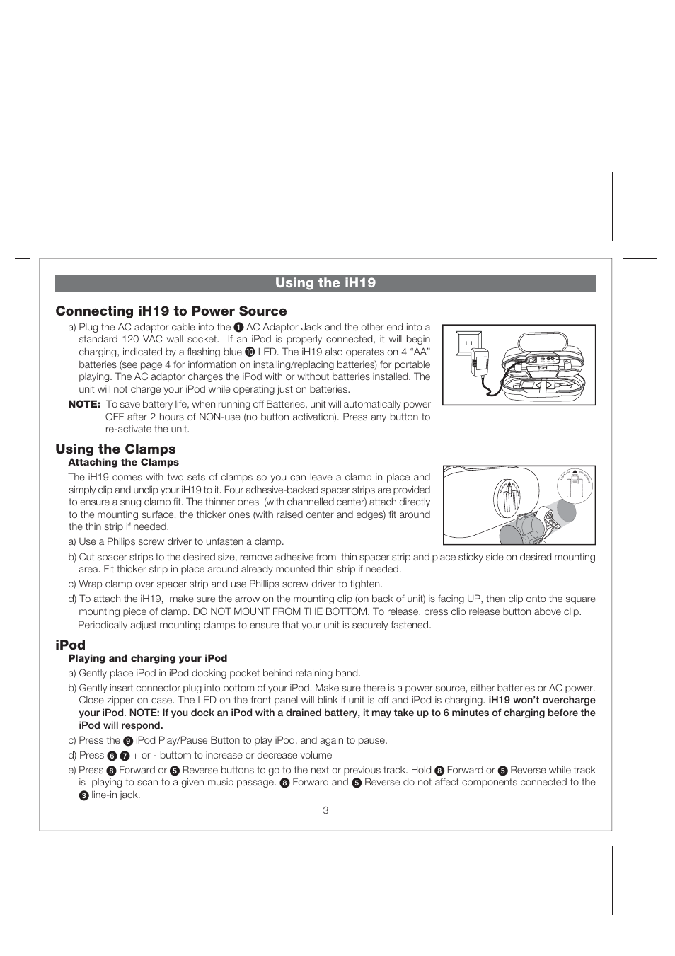 Using the ih19, Connecting ih19 to power source, Using the clamps | Ipod | iHome iH19 User Manual | Page 5 / 10