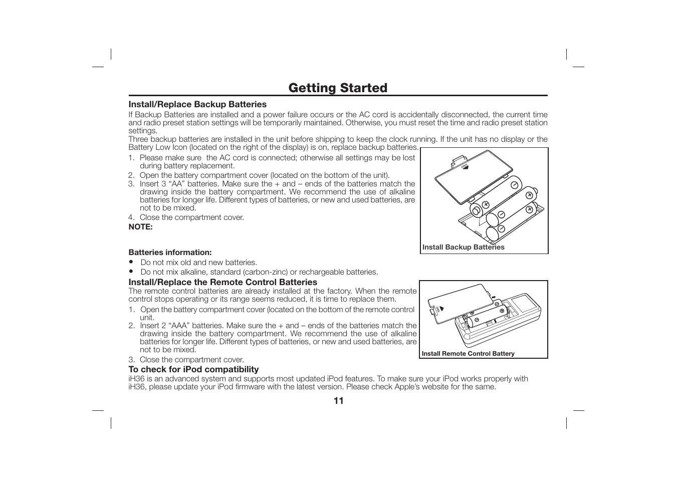 Getting started | iHome iH36 User Manual | Page 12 / 21