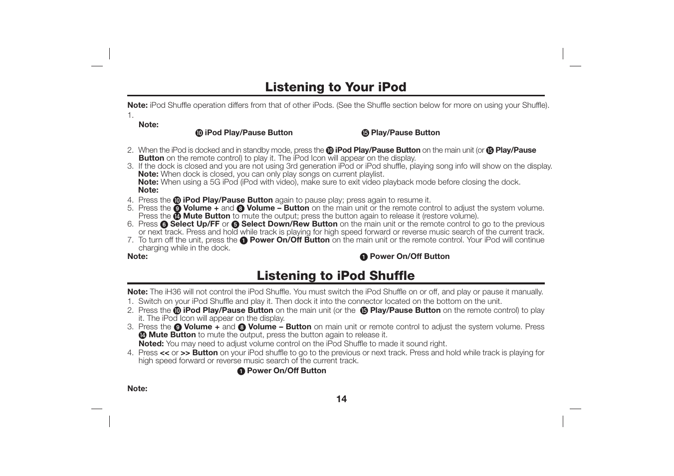 Listening to your ipod, Listening to ipod shuffle | iHome iH36 User Manual | Page 15 / 21