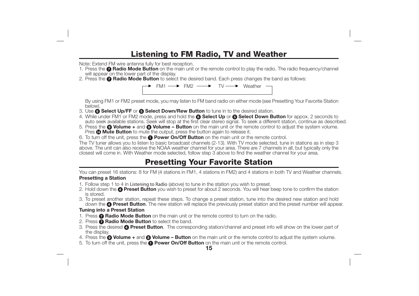 Listening to fm radio, tv and weather, Presetting your favorite station | iHome iH36 User Manual | Page 16 / 21