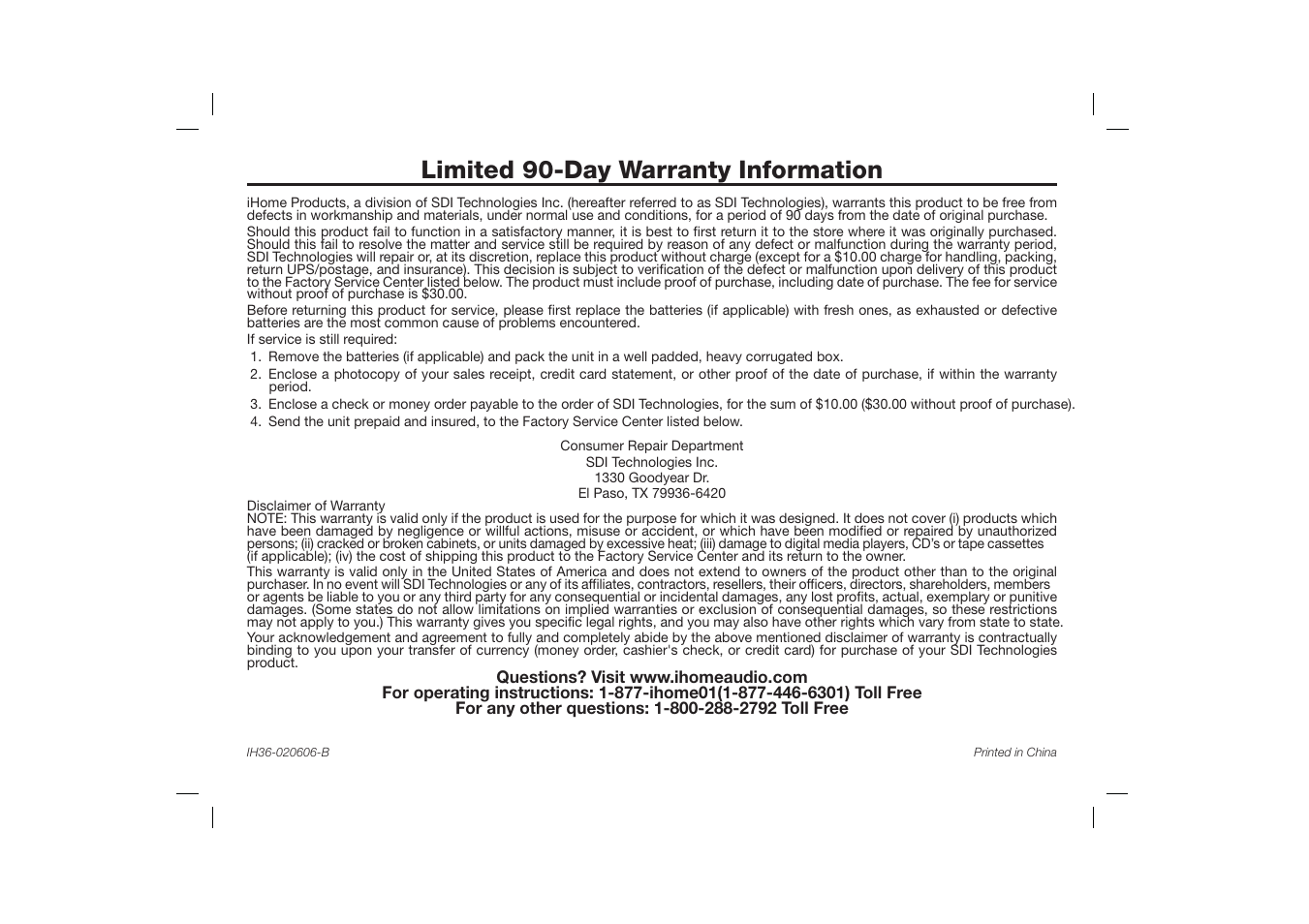 Limited 90-day warranty information | iHome iH36 User Manual | Page 21 / 21