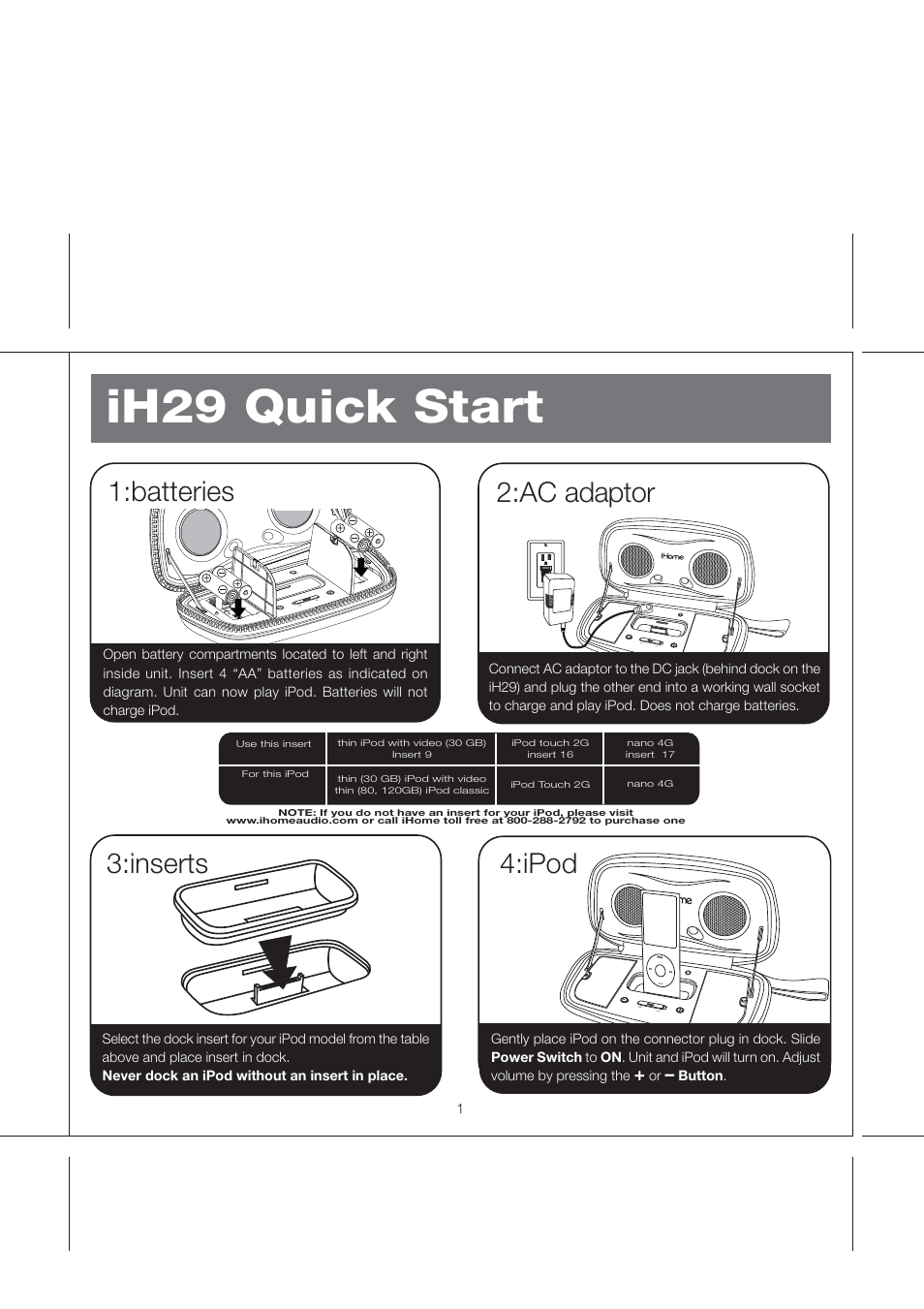 Ih29 quick start, Batteries, Ac adaptor | Ipod, Inserts | iHome iH29 User Manual | Page 4 / 11