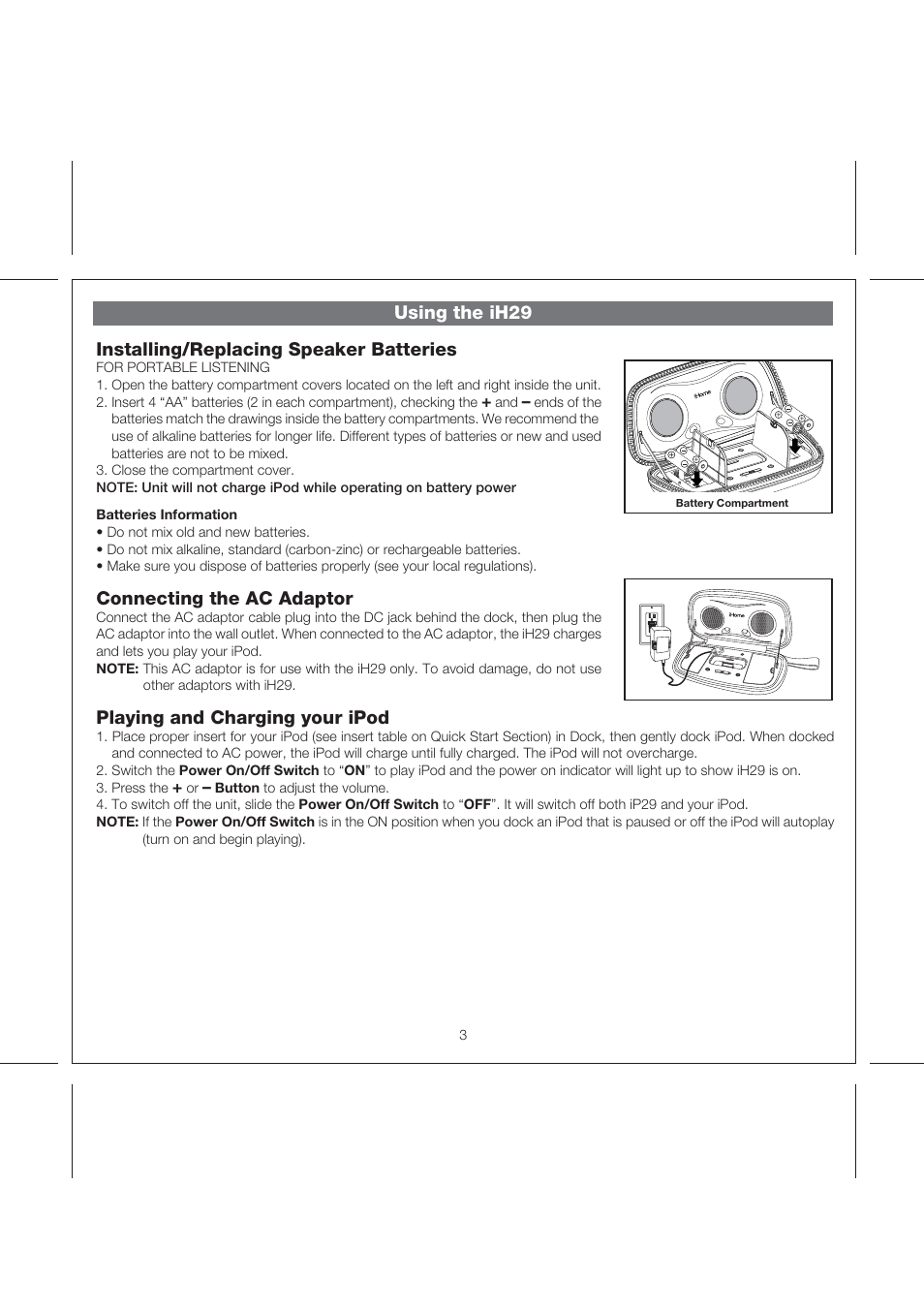 Using the ih29, Installing/replacing speaker batteries, Connecting the ac adaptor | Playing and charging your ipod | iHome iH29 User Manual | Page 6 / 11