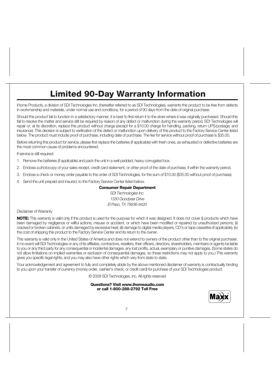 Limited 90-day warranty information | iHome iP29 User Manual | Page 10 / 11