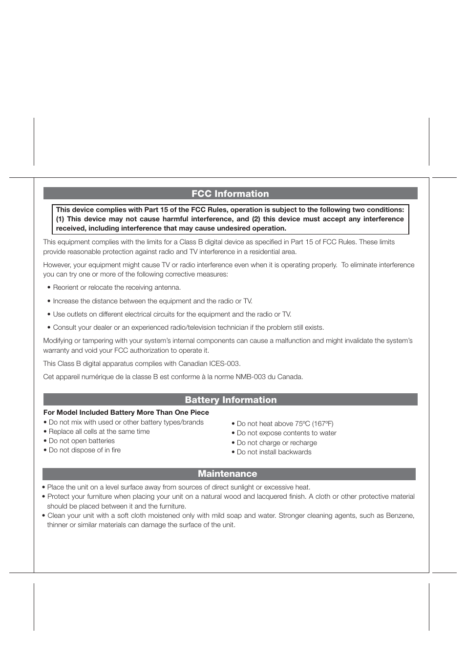 Maintenance fcc information, Battery information | iHome iP29 User Manual | Page 3 / 11