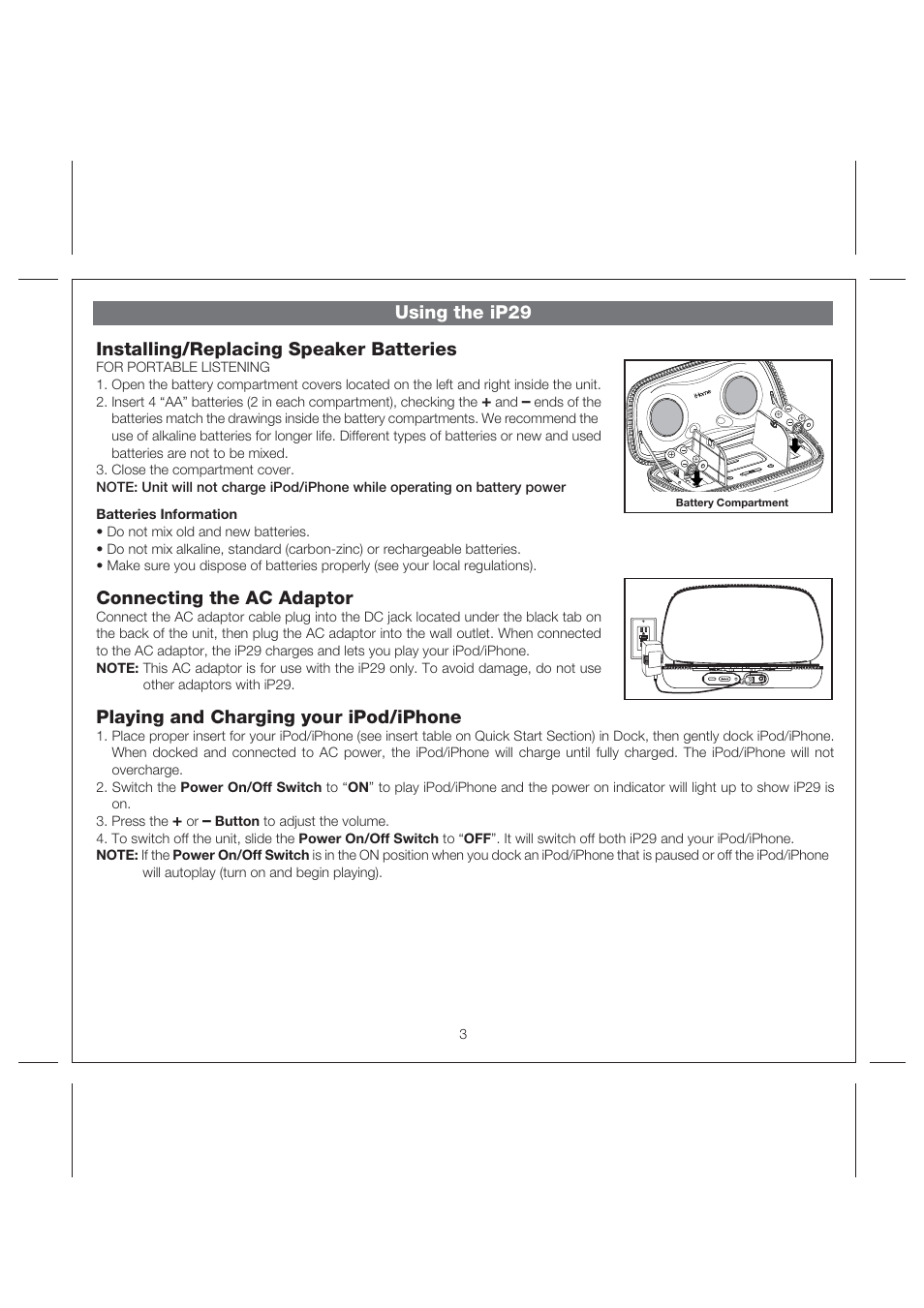 Using the ip29, Installing/replacing speaker batteries, Connecting the ac adaptor | Playing and charging your ipod/iphone | iHome iP29 User Manual | Page 6 / 11