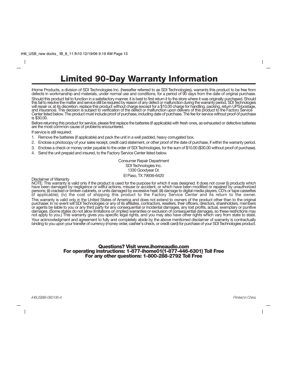 Limited 90-day warranty information | iHome iH6 User Manual | Page 13 / 13