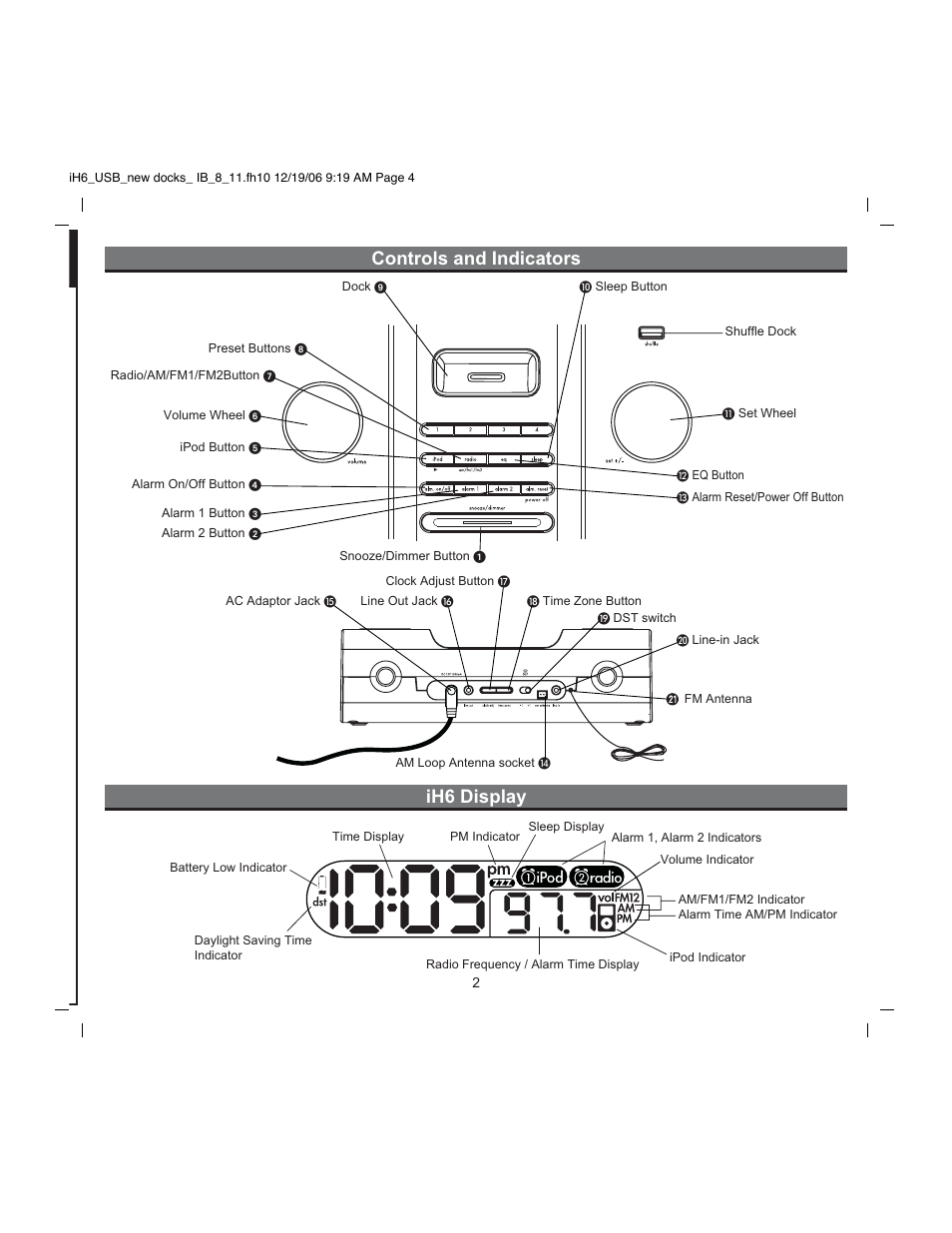 Controls and indicators ih6 display | iHome iH6 User Manual | Page 4 / 13