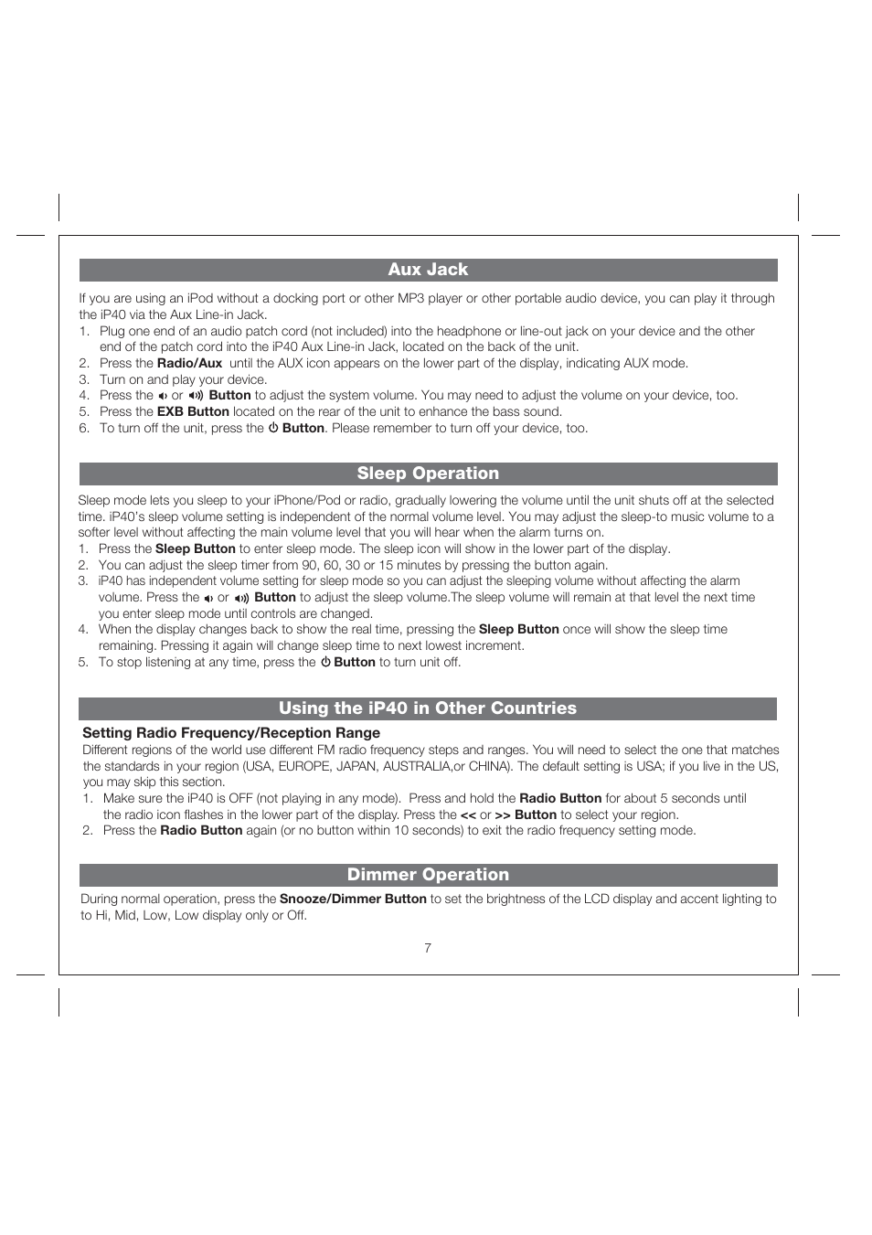 Dimmer operation, Aux jack, Sleep operation using the ip40 in other countries | iHome iP40 User Manual | Page 10 / 14