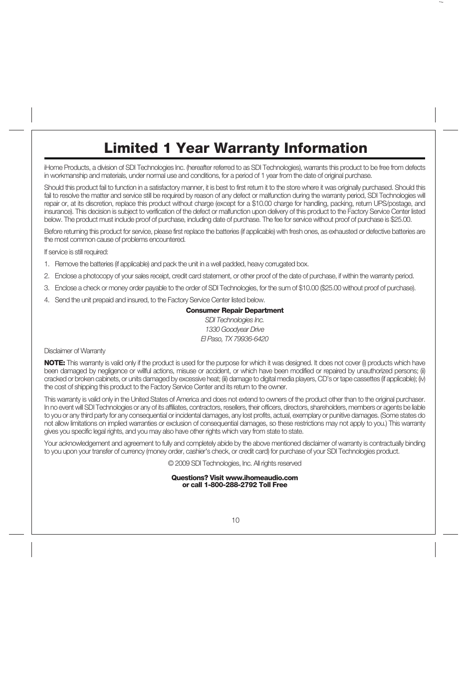 Limited 1 year warranty information | iHome iP40 User Manual | Page 13 / 14