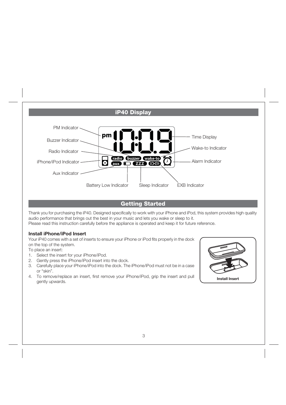 Getting started, Ip40 display | iHome iP40 User Manual | Page 6 / 14