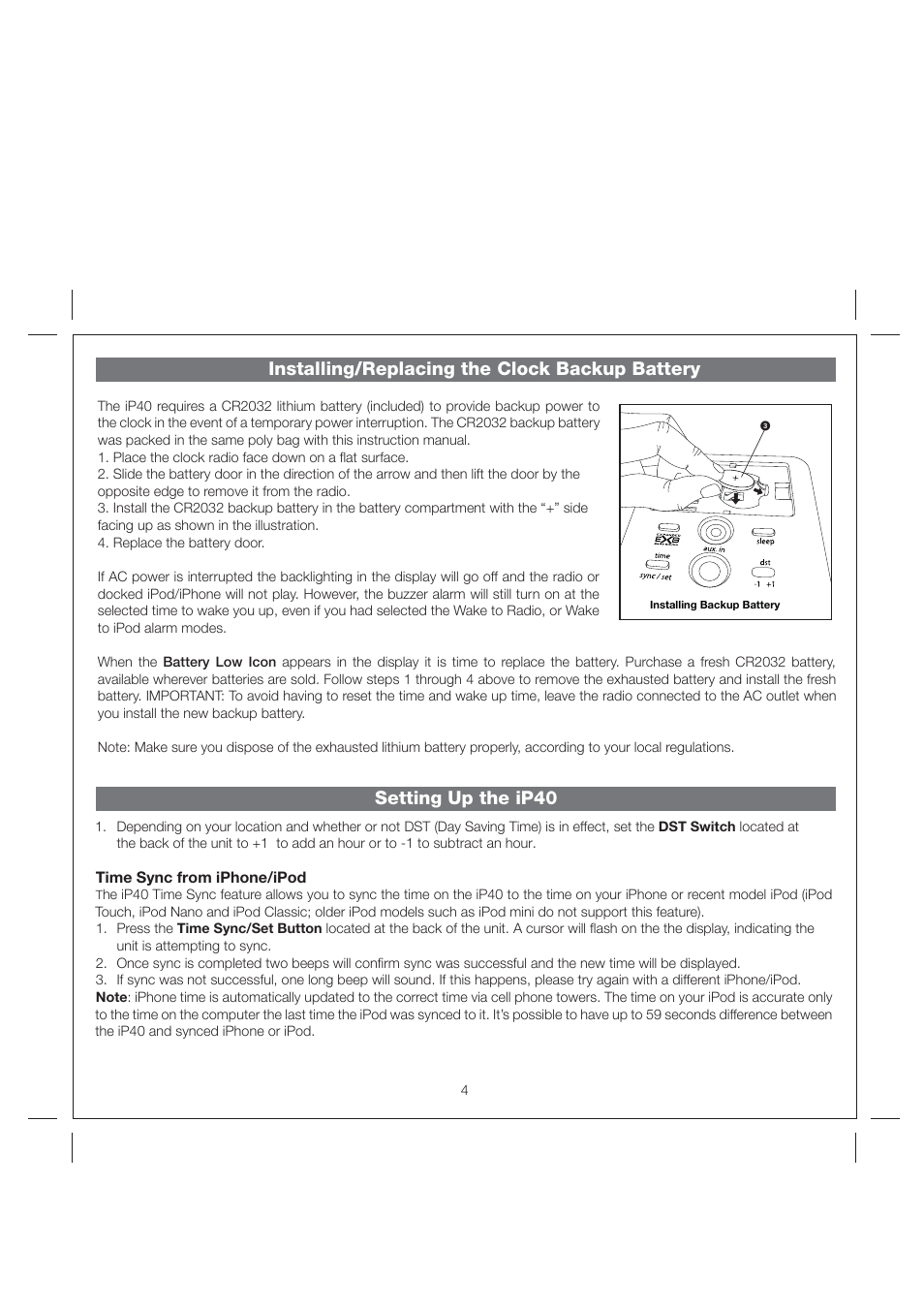 Setting up the ip40, Installing/replacing the clock backup battery | iHome iP40 User Manual | Page 7 / 14