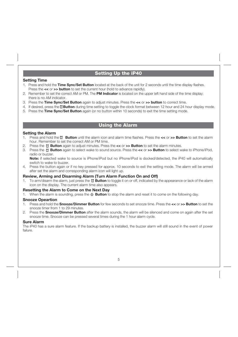 Setting up the ip40, Using the alarm | iHome iP40 User Manual | Page 8 / 14