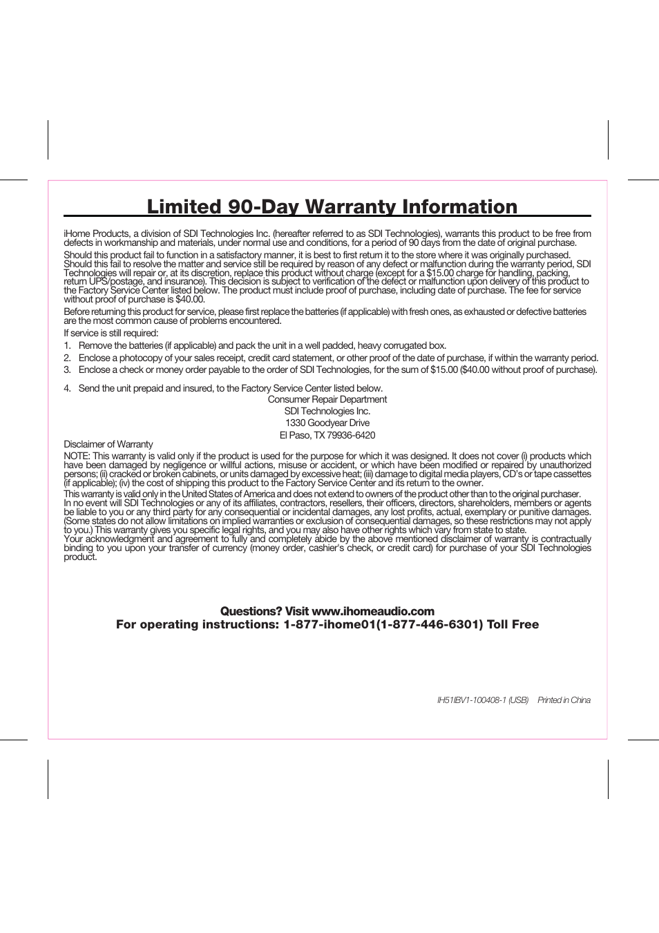 Limited 90-day warranty information | iHome iH51 User Manual | Page 17 / 17