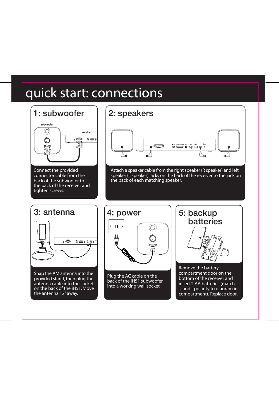 Quick start: connections, Subwoofer 2: speakers, Power 5: backup batteries | Antenna | iHome iH51 User Manual | Page 6 / 17