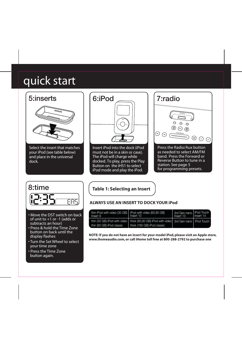 Quick start, Inserts, Ipod | Time, Radio | iHome iH51 User Manual | Page 7 / 17