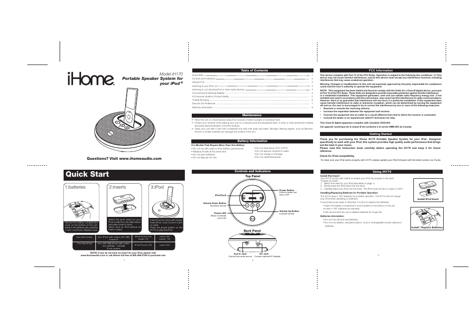 iHome IH170 User Manual | 2 pages