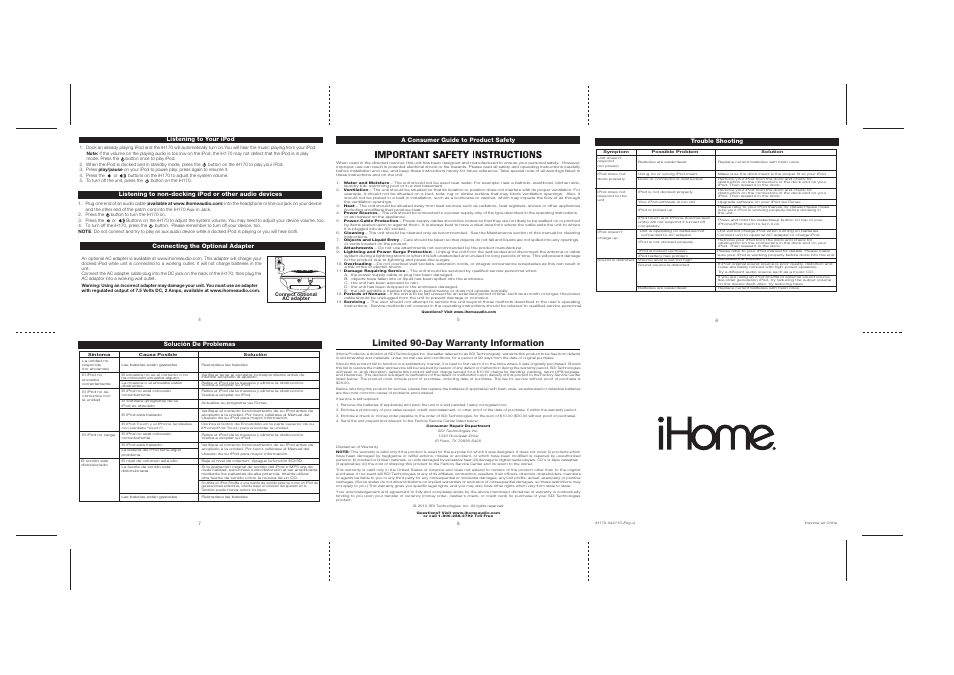 Limited 90-day warranty information | iHome IH170 User Manual | Page 2 / 2