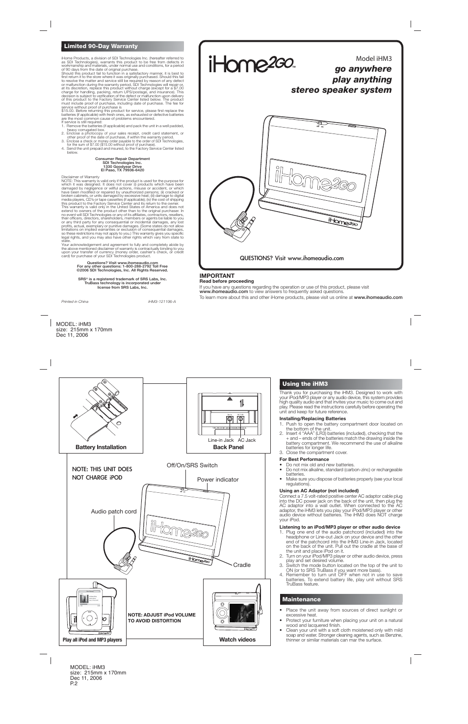 iHome iHM3 User Manual | 2 pages