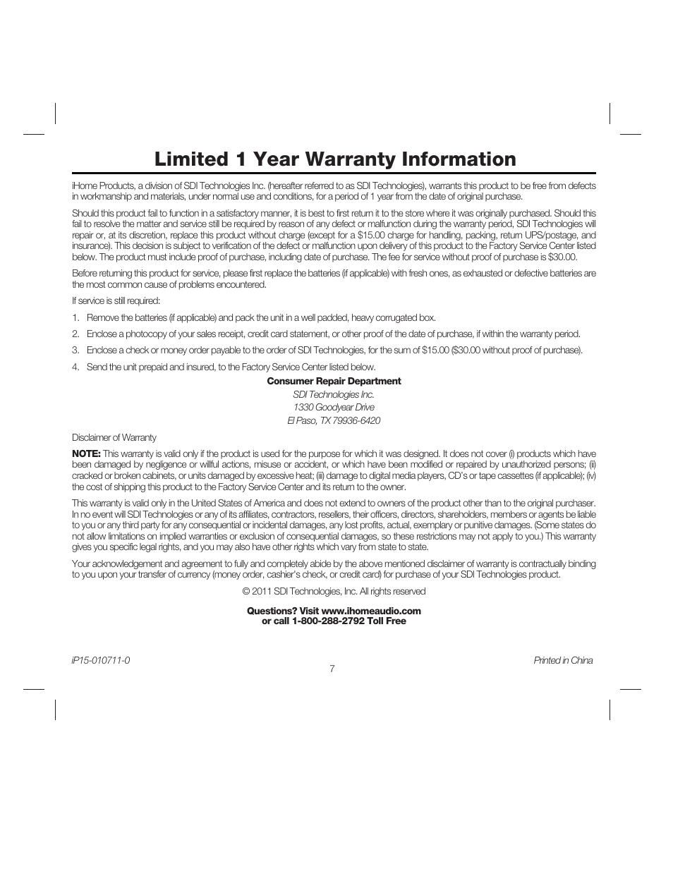 Limited 1 year warranty information | iHome IP15 User Manual | Page 8 / 8