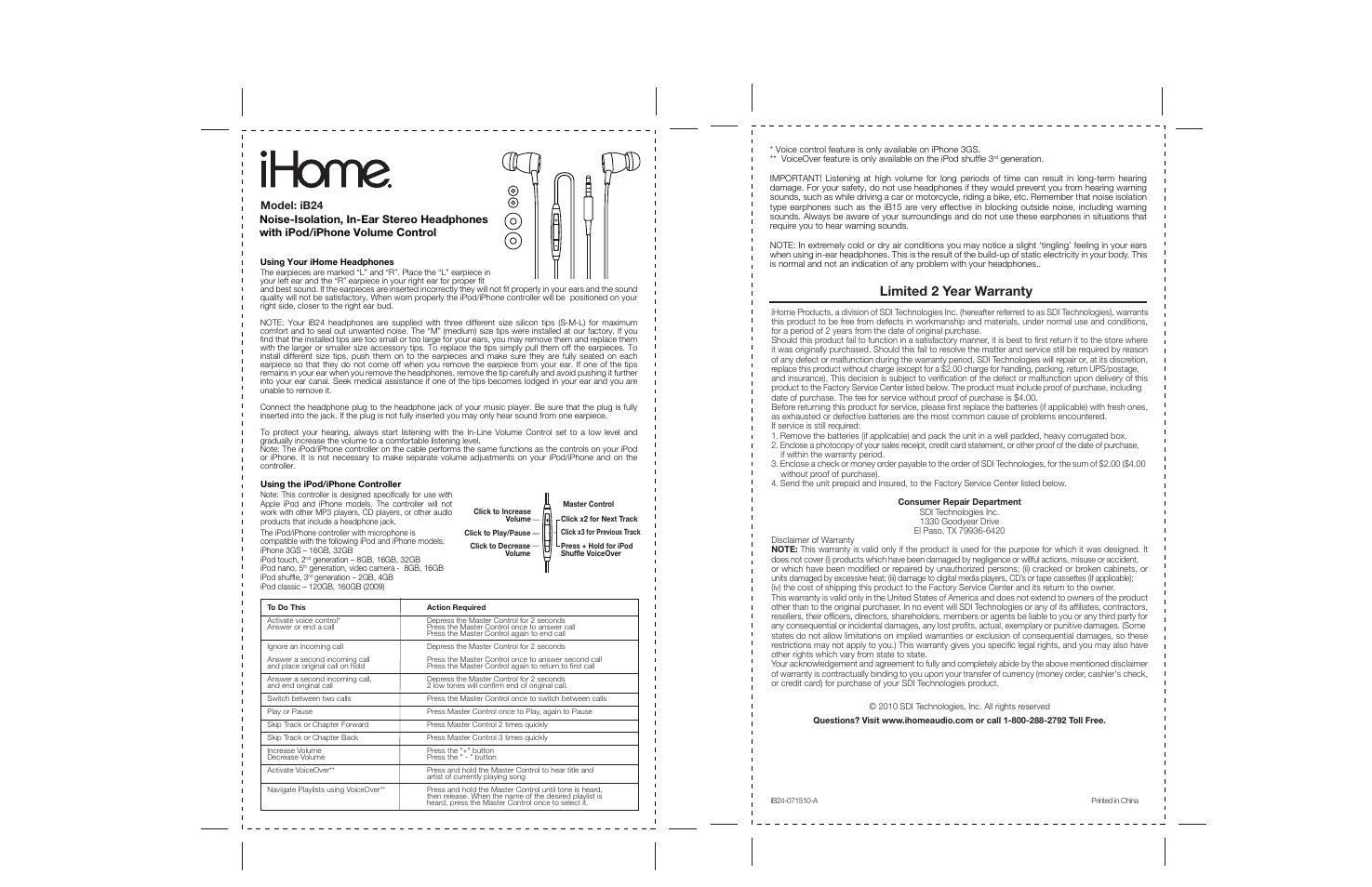 iHome IB24 User Manual | 2 pages