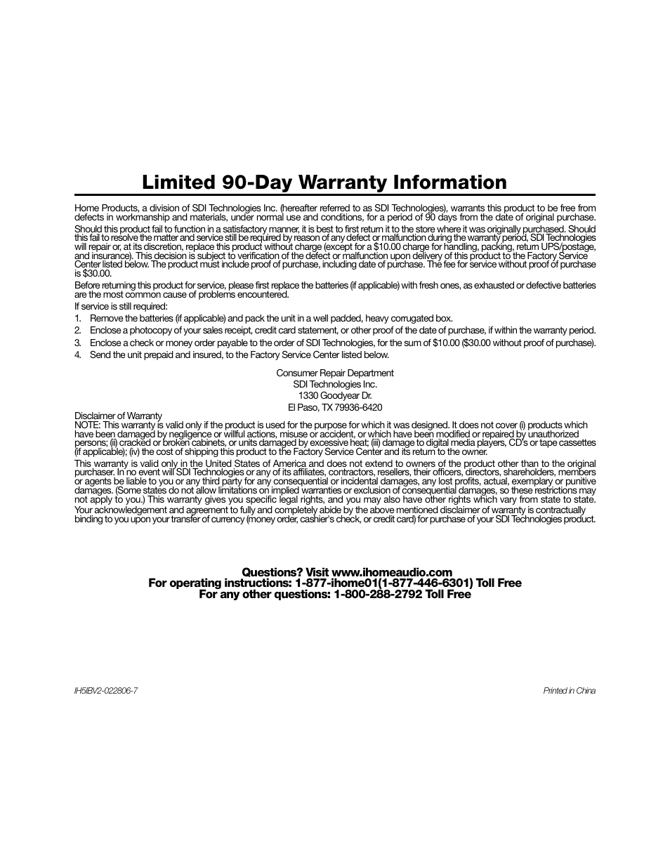 Limited 90-day warranty information | iHome iH5 User Manual | Page 13 / 13