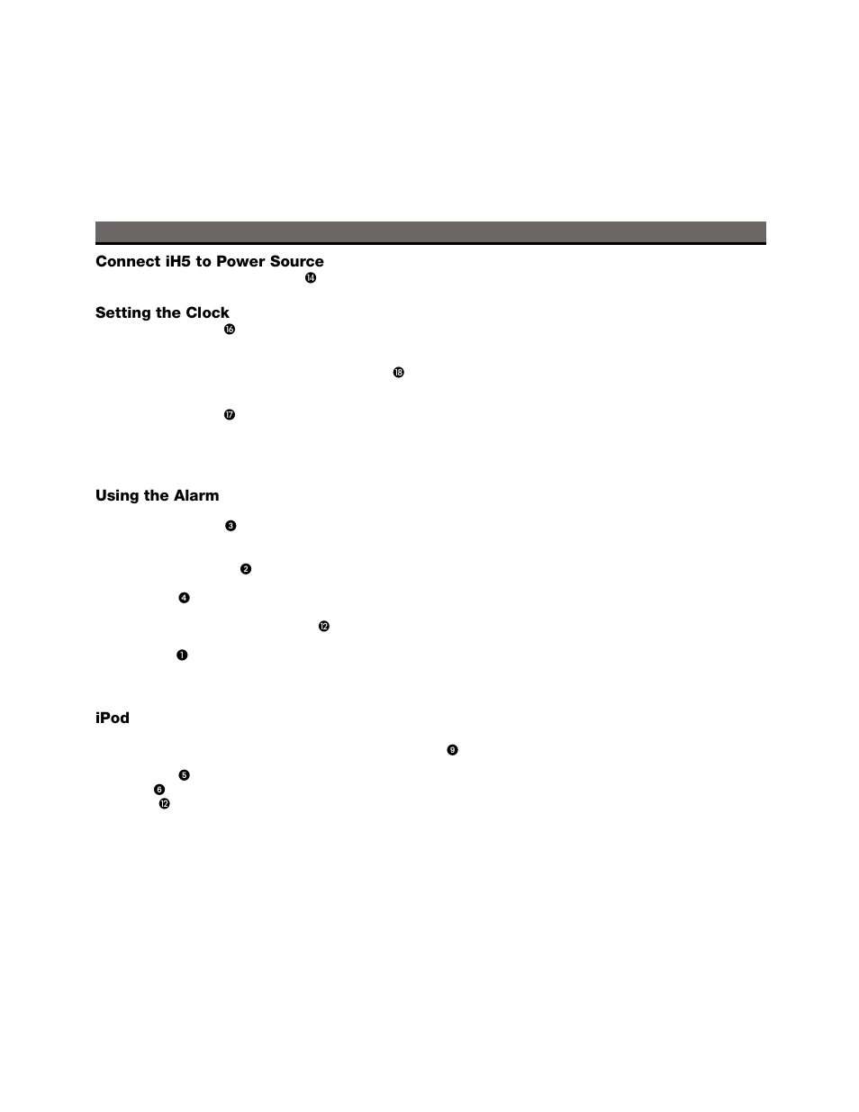 Using the ih5, Connect ih5 to power source, Setting the clock | Using the alarm, Ipod | iHome iH5 User Manual | Page 5 / 13
