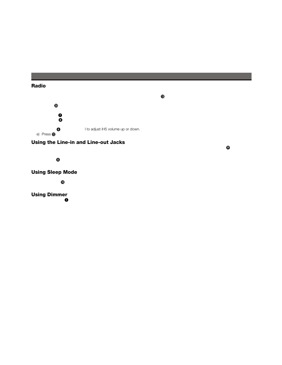 Using the ih5, Radio, Using the line-in and line-out jacks | Using sleep mode, Using dimmer | iHome iH5 User Manual | Page 6 / 13