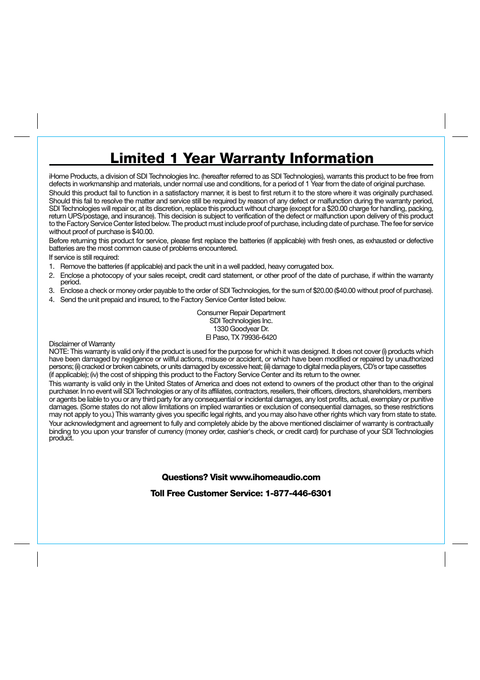 Limited 1 year warranty information | iHome IP86 User Manual | Page 13 / 13