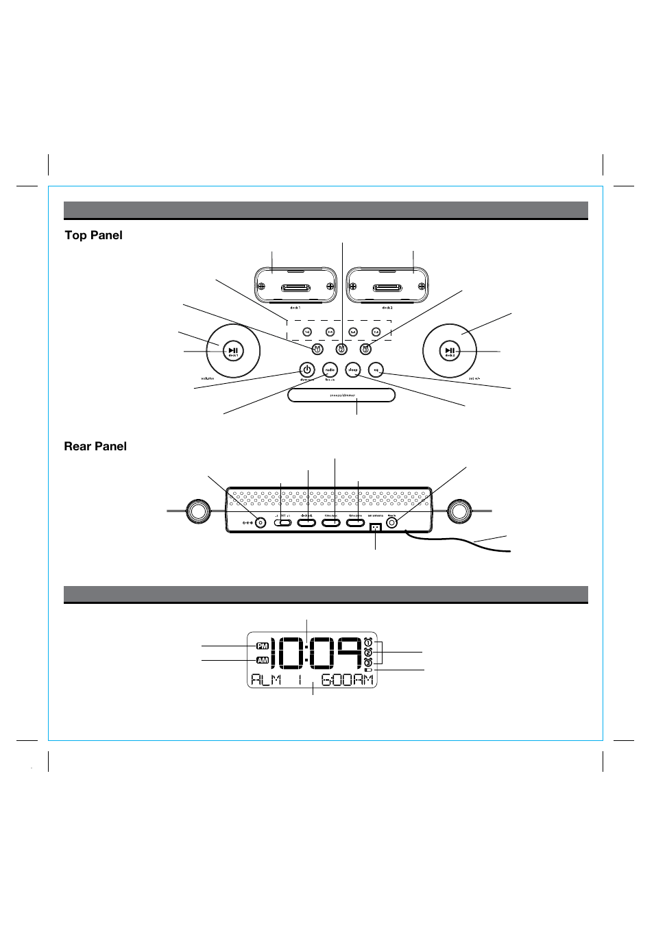Controls and indicators ip86 display, Rear panel top panel | iHome IP86 User Manual | Page 4 / 13