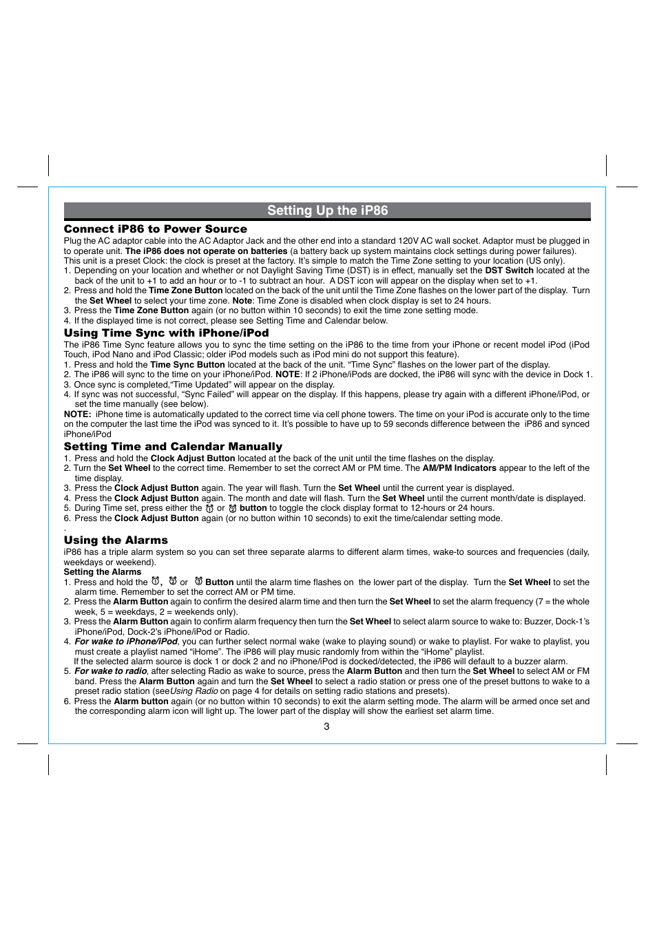 Setting up the ip86, Connect ip86 to power source, Using time sync with iphone/ipod | Setting time and calendar manually, Using the alarms | iHome IP86 User Manual | Page 5 / 13
