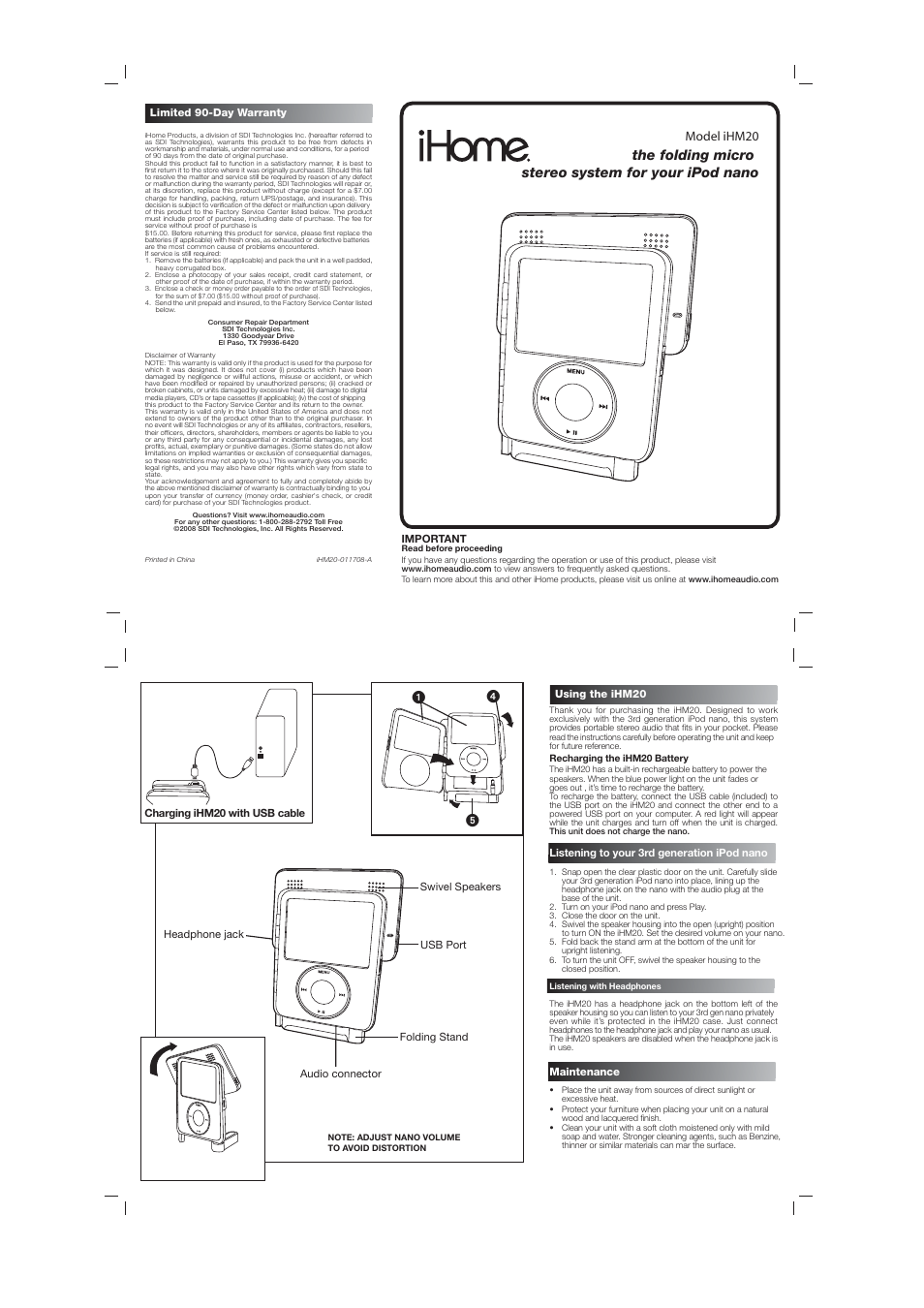 Ihm20 ib pg2, The folding micro stereo system for your ipod nano, Model ihm20 | ᕡᕤ ᕥ | iHome IHM20 User Manual | Page 2 / 2