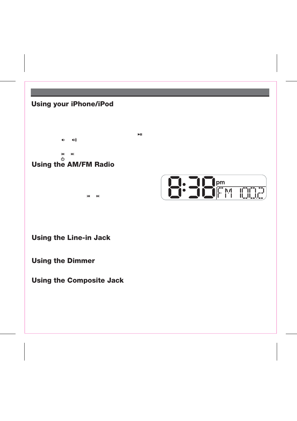 Using the am/fm radio, Using the line-in jack, Using the dimmer | Using the composite jack, Using your iphone/ipod, Using the ip51 | iHome iP51 User Manual | Page 10 / 15