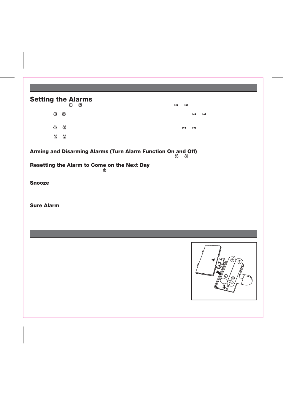 Setting the alarms, Using the alarms replacing ip51 backup batteries, Resetting the alarm to come on the next day | Snooze, Sure alarm | iHome iP51 User Manual | Page 11 / 15