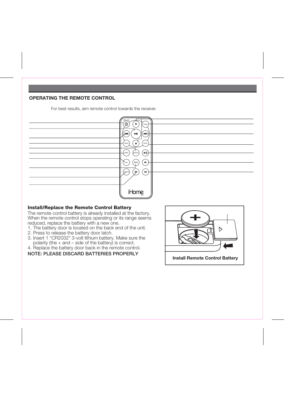 Using the remote control unit | iHome iP51 User Manual | Page 12 / 15