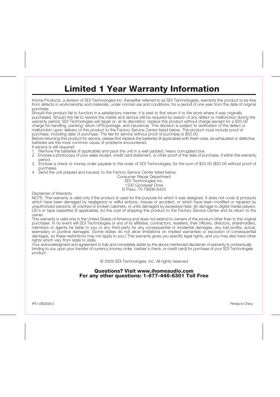 Limited 1 year warranty information | iHome iP51 User Manual | Page 15 / 15