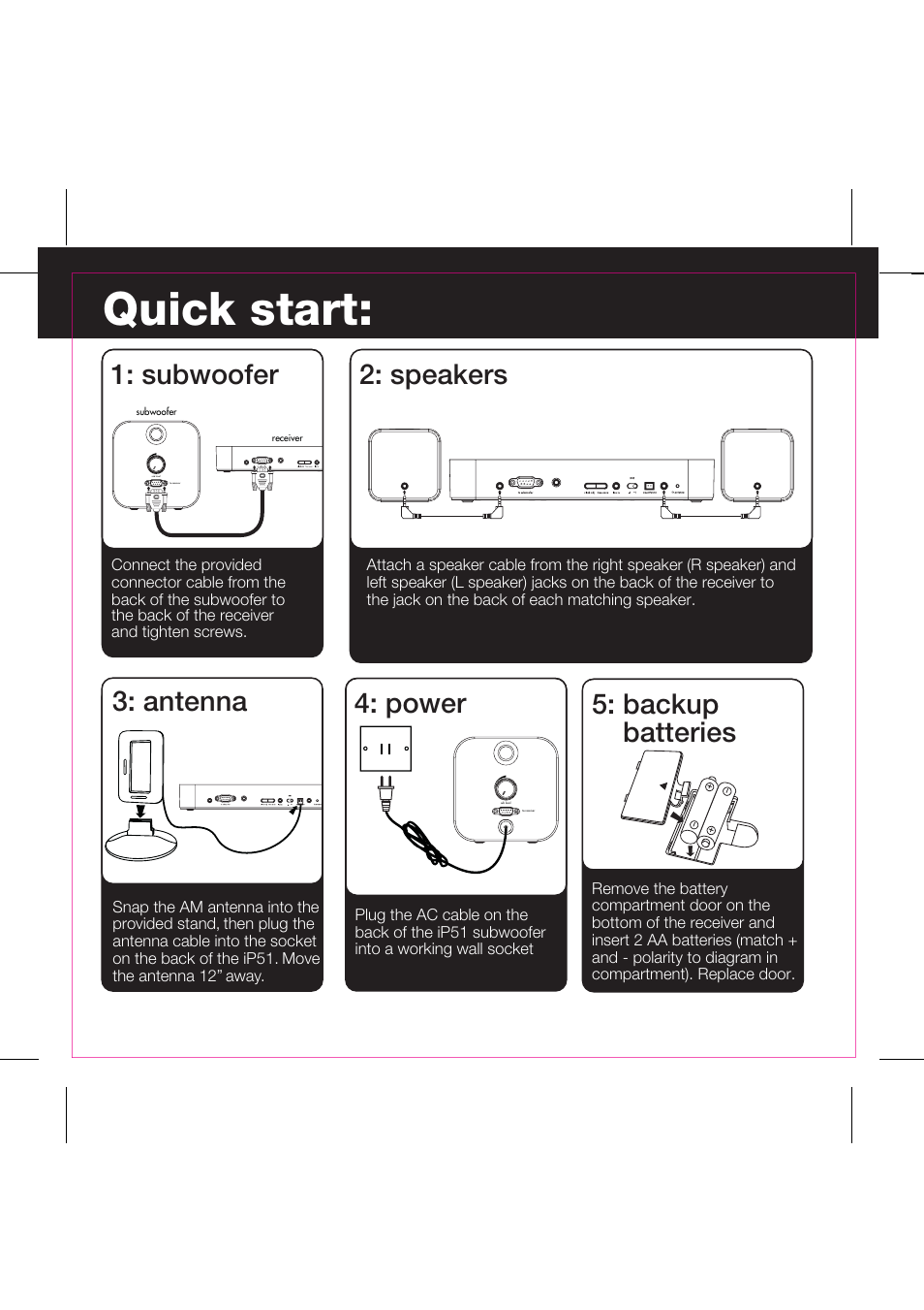 Quick start, Subwoofer 2: speakers, Power 5: backup batteries | Antenna | iHome iP51 User Manual | Page 6 / 15