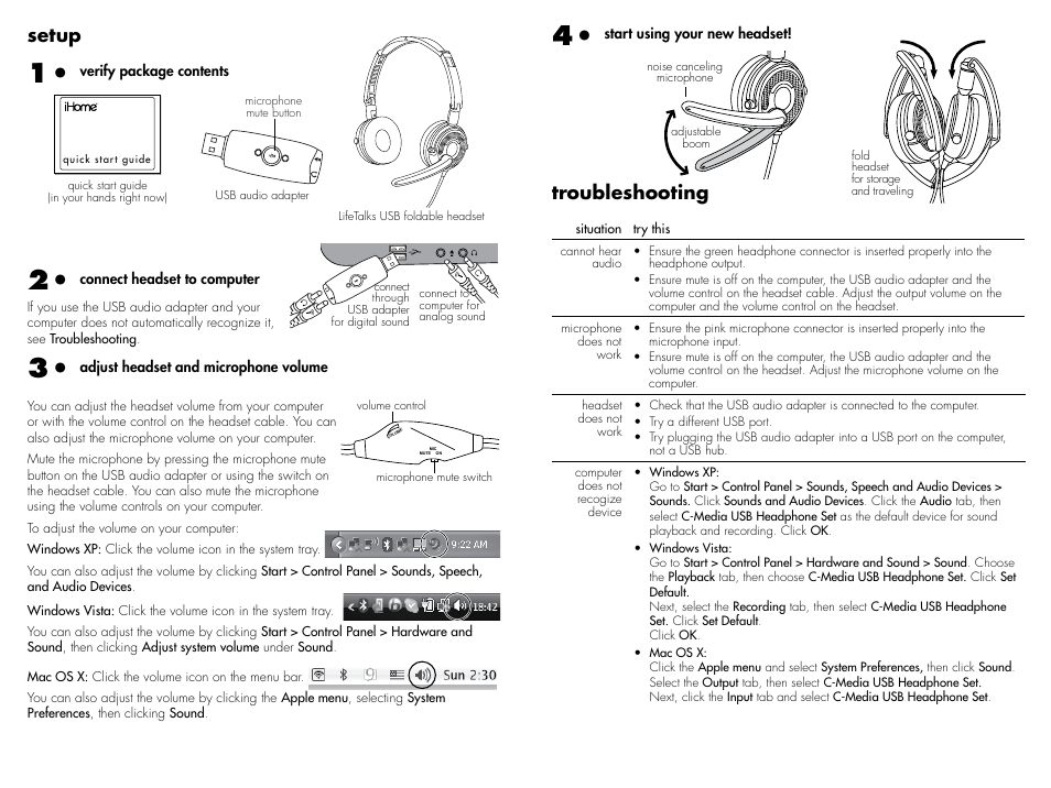 Setup, Troubleshooting | iHome IH-H413UN User Manual | Page 2 / 2