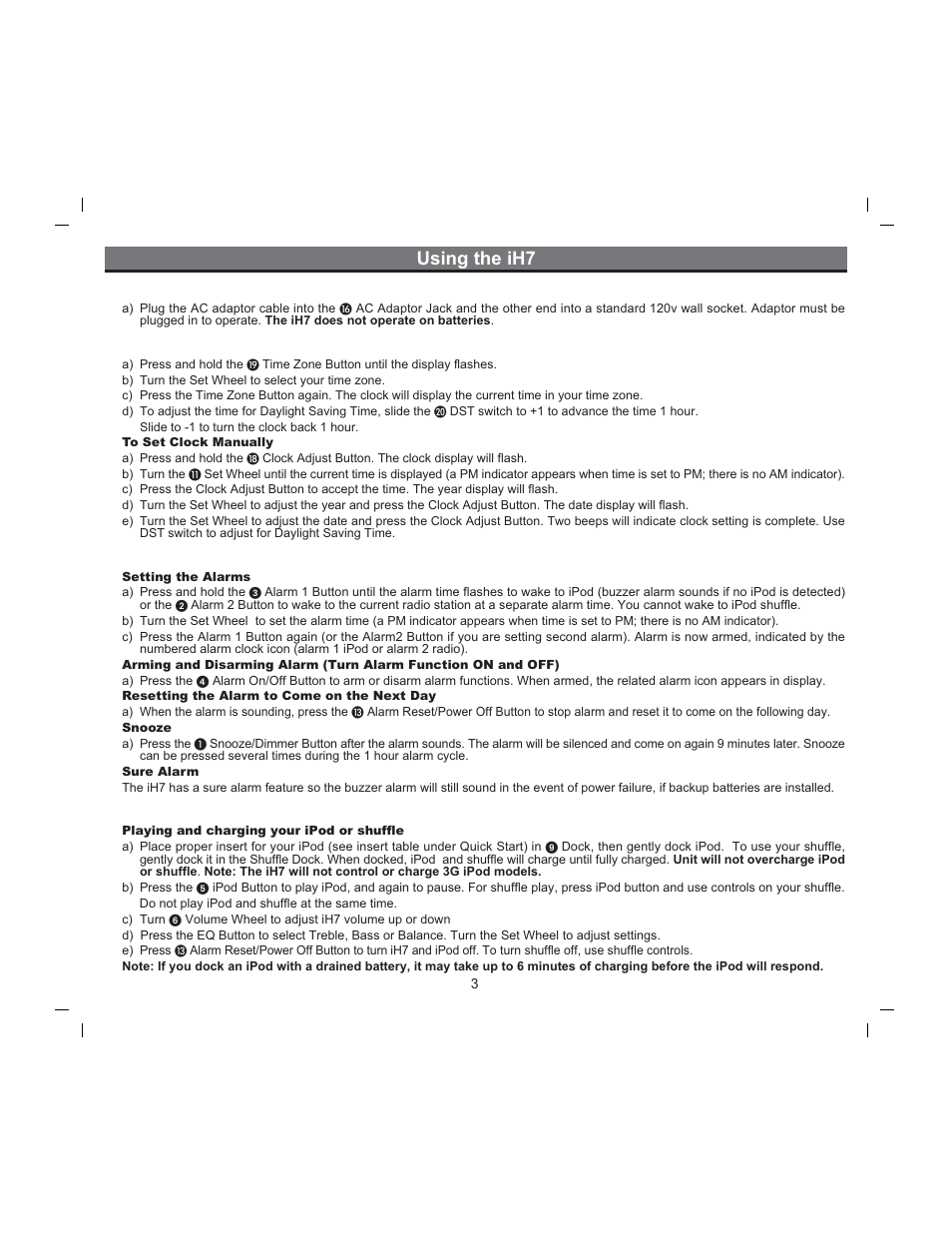 Using the ih7, Connect ih7 to power source, Setting the clock | Using the alarms, Ipod and shuffle | iHome iH7 User Manual | Page 5 / 13