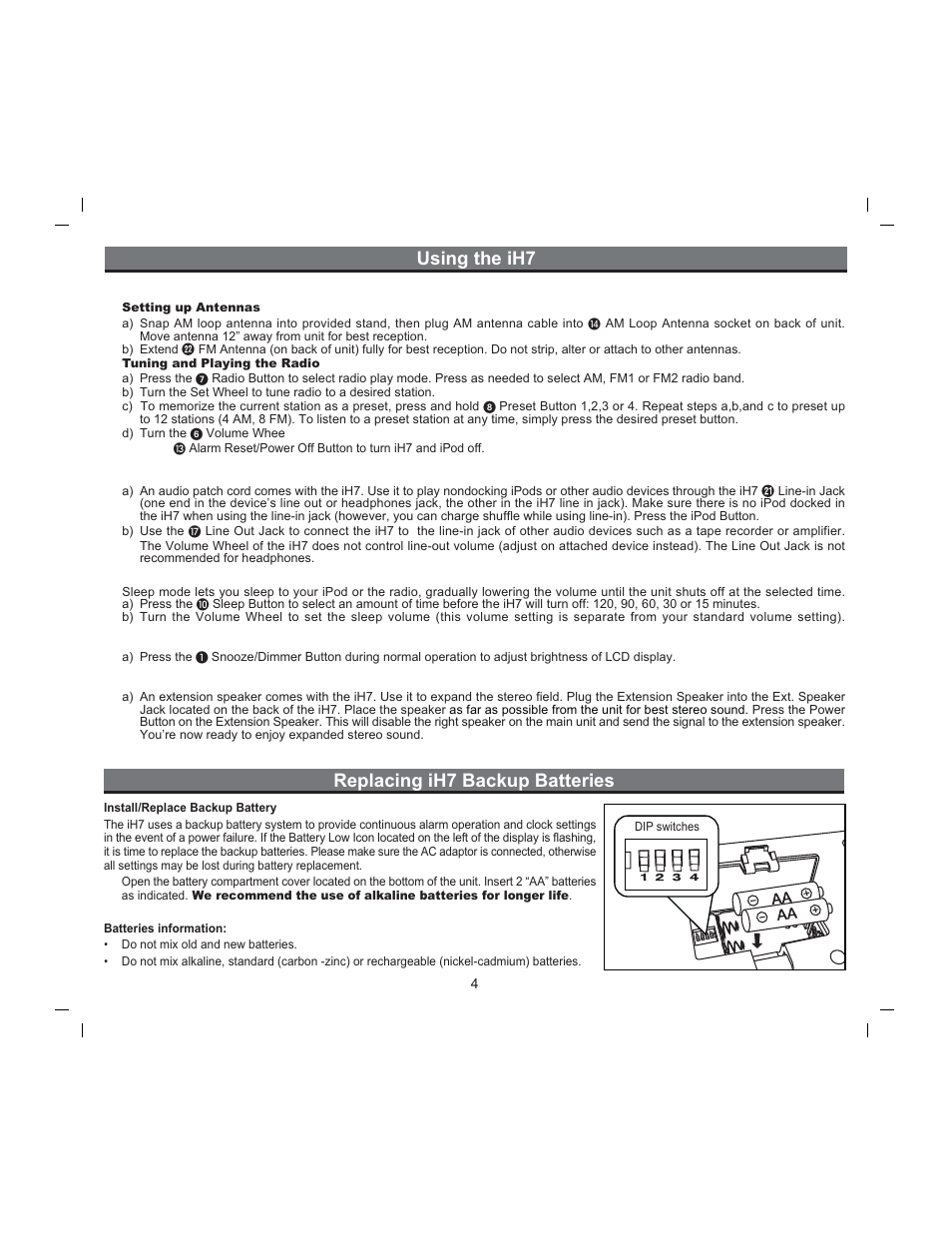 Replacing ih7 backup batteries, Using the ih7, Radio | Using the line-in and line-out jacks, Using sleep mode, Using dimmer, Using the extension speaker | iHome iH7 User Manual | Page 6 / 13