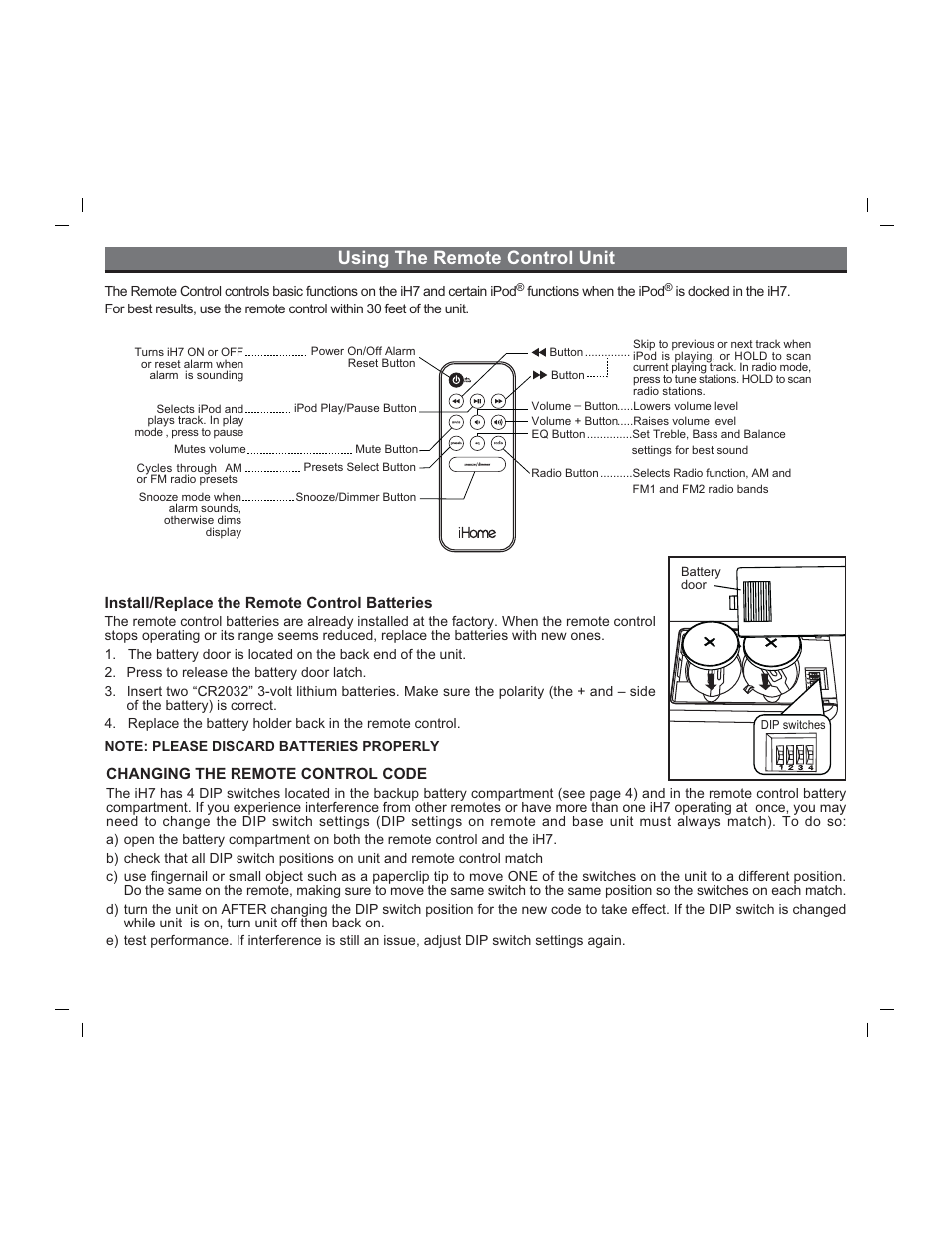 Using the remote control unit | iHome iH7 User Manual | Page 7 / 13
