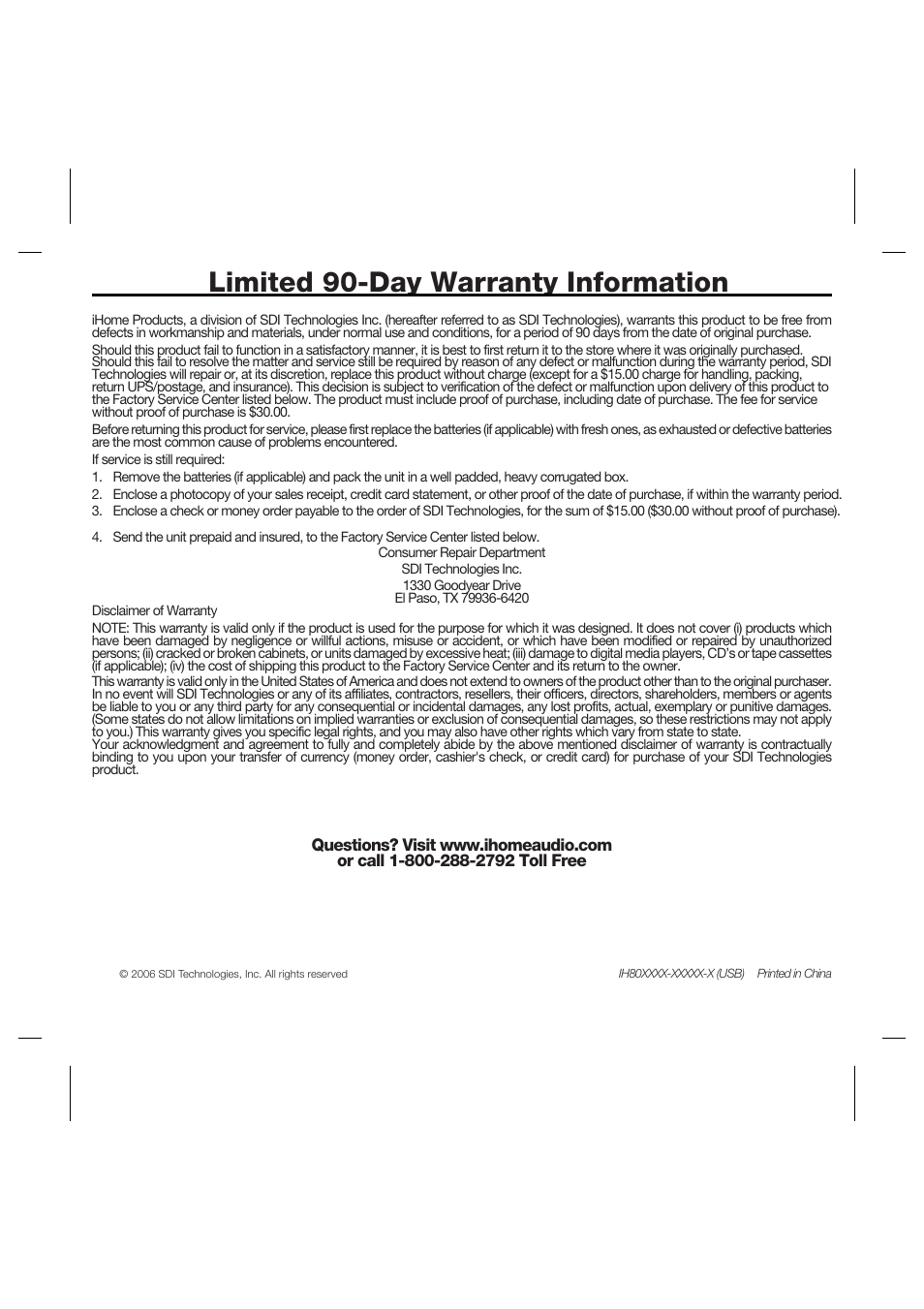 Limited 90-day warranty information | iHome iH80 User Manual | Page 15 / 15