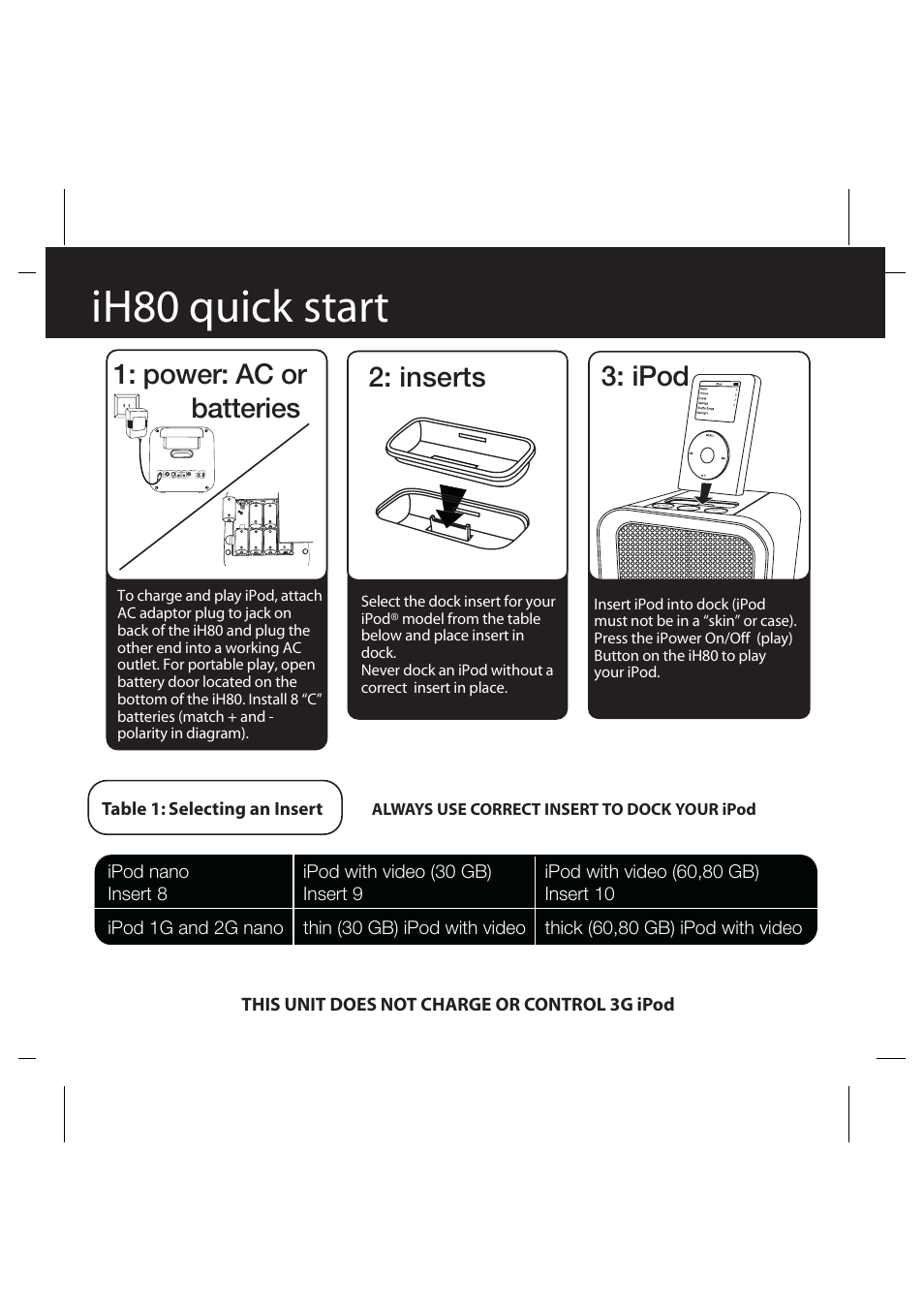 Ih80 quick start, Inserts, Ipod 1: power: ac or batteries | iHome iH80 User Manual | Page 4 / 15