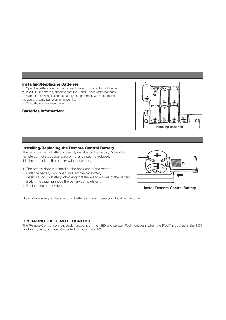 Installing/replacing ih80 batteries, Using the remote control | iHome iH80 User Manual | Page 6 / 15