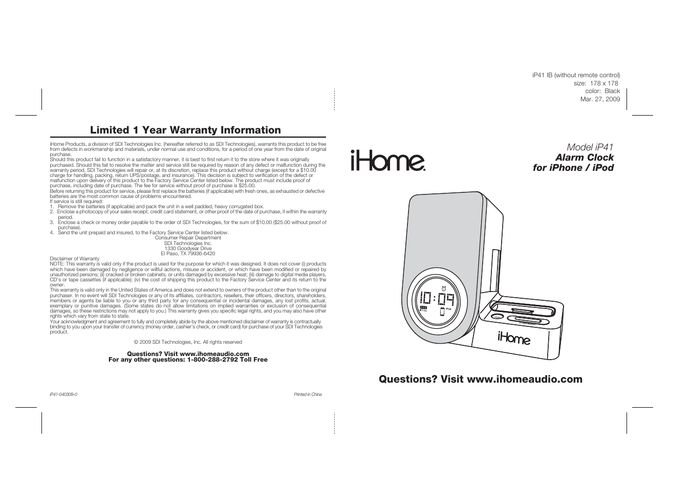 Limited 1 year warranty information, Model ip41 alarm clock for iphone / ipod | iHome iP41 User Manual | Page 12 / 12