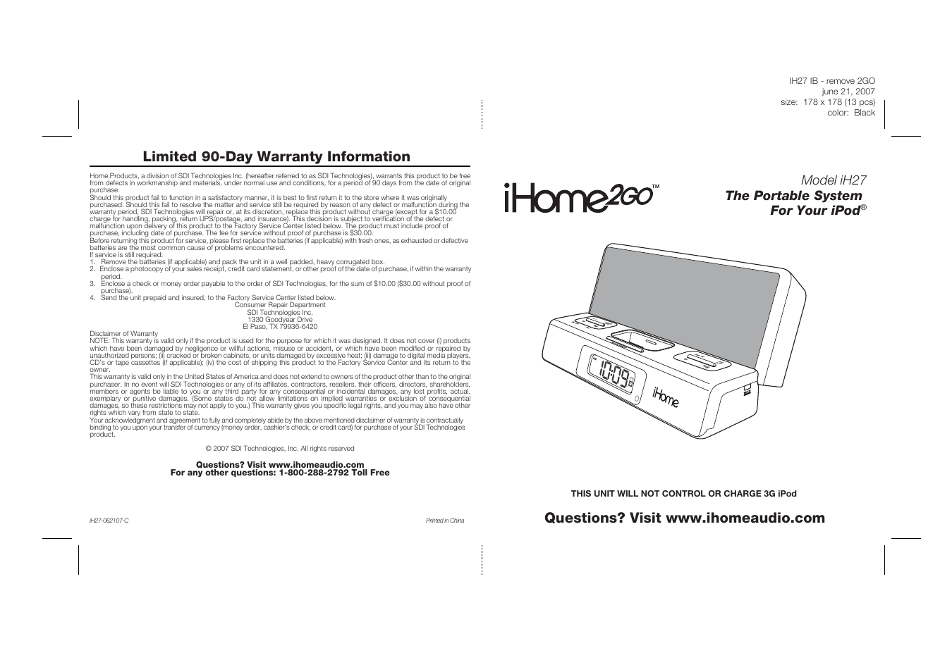 Ih27 ib 13, Model ih27 the portable system for your ipod | iHome iH27 User Manual | Page 14 / 14