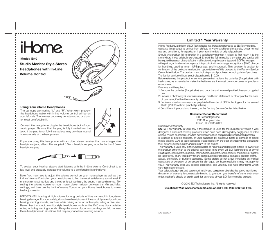 iHome IB40 User Manual | 2 pages